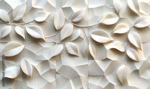 Fototapeta Naklejka Na Ścianę i Meble -  A panoramic image of white geometric 3D tiles featuring leaf patterns