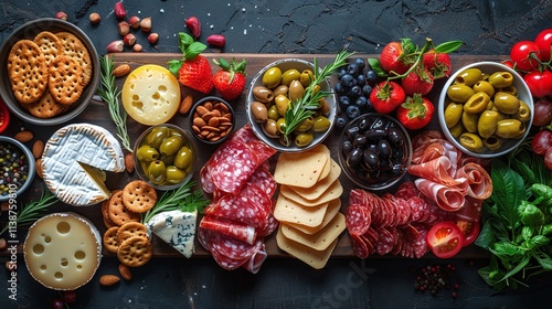 Charcuterie board with gourmet cheeses, meats, olives, nuts, fresh fruits, crackers, vibrant food photography, top view, rustic background, elegant party appetizer arrangement

