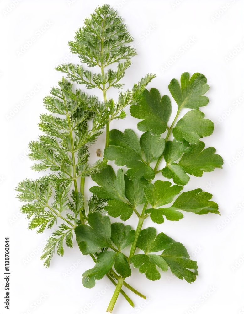 Fototapeta premium Parsley and soleirolia soleirolii leaves in a fresh natural arrangement on a clean white background