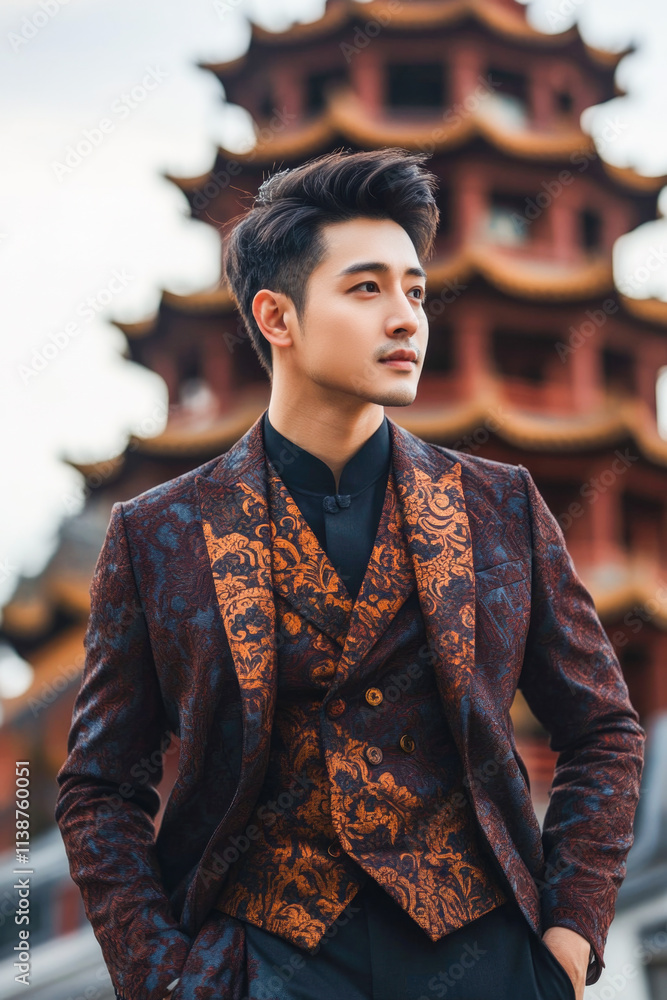 Fototapeta premium Asian young male in elegant suit standing by pagoda