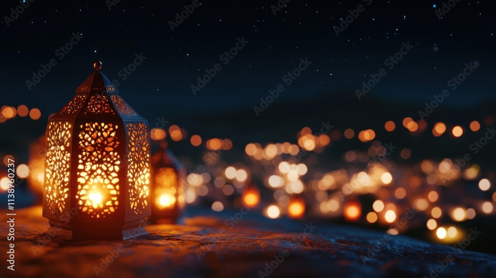 Ornate lanterns glow warmly at night. Ornate lanterns glow warmly at night.