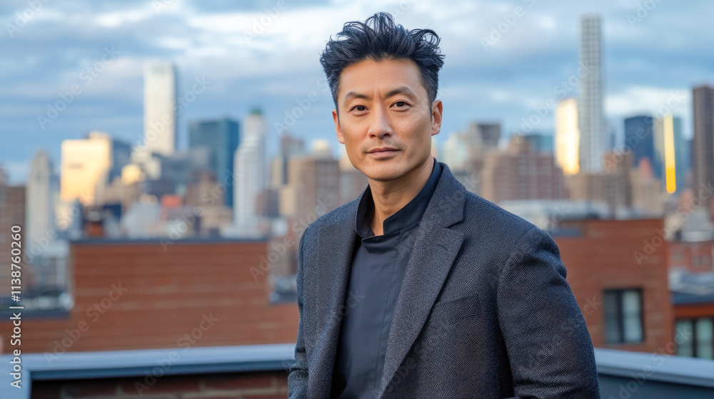 Asian adult male in urban setting with cityscape background Asian adult male in urban setting with cityscape background