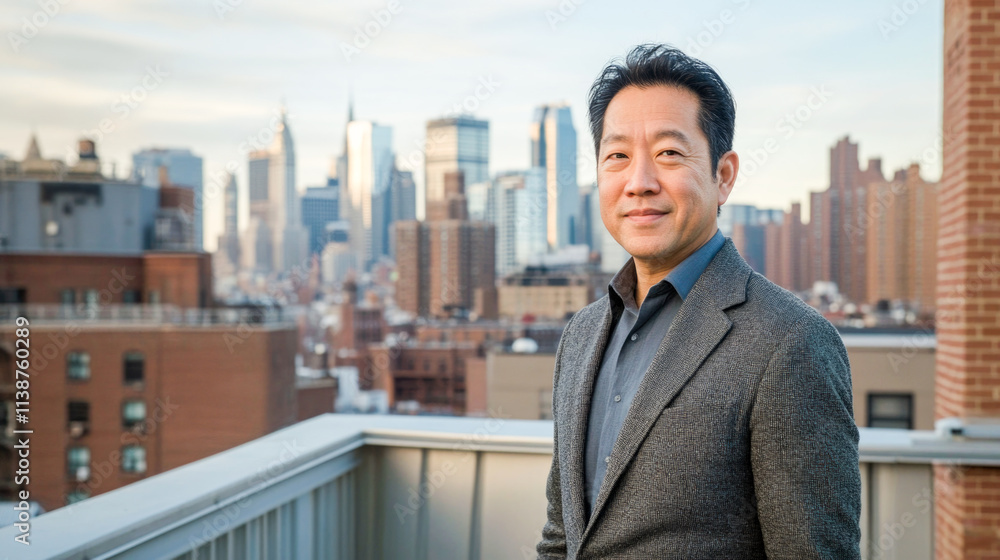 Asian male adult enjoying cityscape on rooftop with skyline in background Asian male adult enjoying cityscape on rooftop with skyline in background