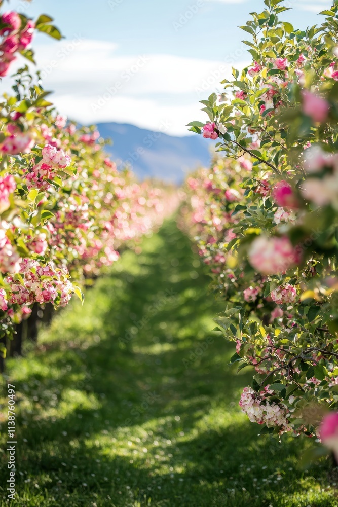 Obraz premium Spring Pathway Through Blossoming Orchard with Vibrant Pink and White Flowers