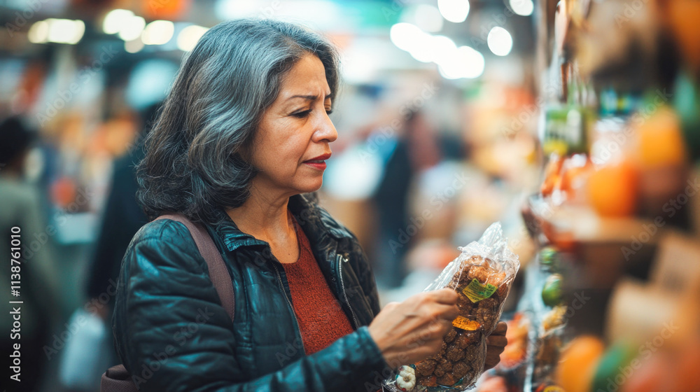 Hispanic mature woman shopping for groceries at a market Hispanic mature woman shopping for groceries at a market