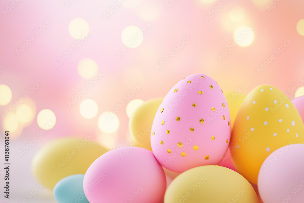 Pastel pink and yellow Easter eggs rest softly, illuminated by gentle lights Pastel pink and yellow Easter eggs rest softly, illuminated by gentle lights