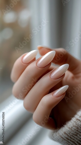 Wallpaper Mural Close-up of a hand showcasing beautifully manicured long nails with a subtle gradient design, illuminated by natural light through a window Torontodigital.ca