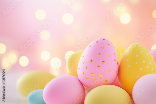 Pastel pink and yellow Easter eggs rest softly, illuminated by gentle lights