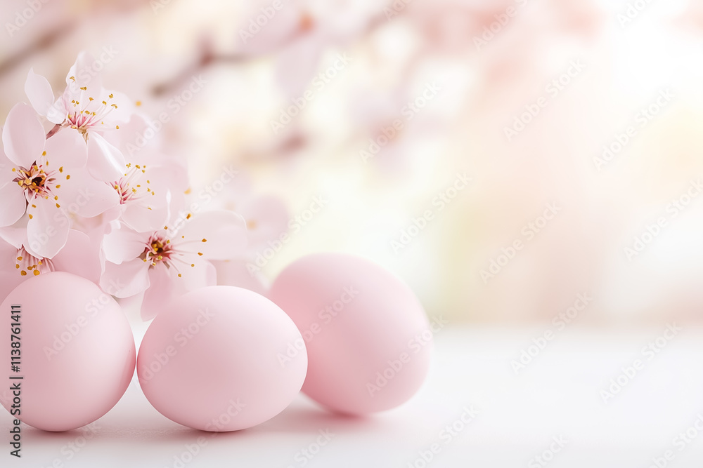 Soft pink eggs rest elegantly beside fragrant cherry blossoms, embodying the beauty of springtime tranquility Soft pink eggs rest elegantly beside fragrant cherry blossoms, embodying the beauty of springtime tranquility