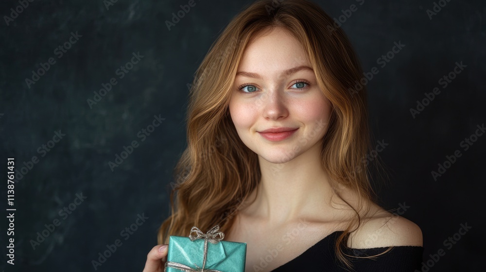 Cheerful Elegant Woman Posing with a Gift Box, Radiating Joy at a Birthday Party Cheerful Elegant Woman Posing with a Gift Box, Radiating Joy at a Birthday Party