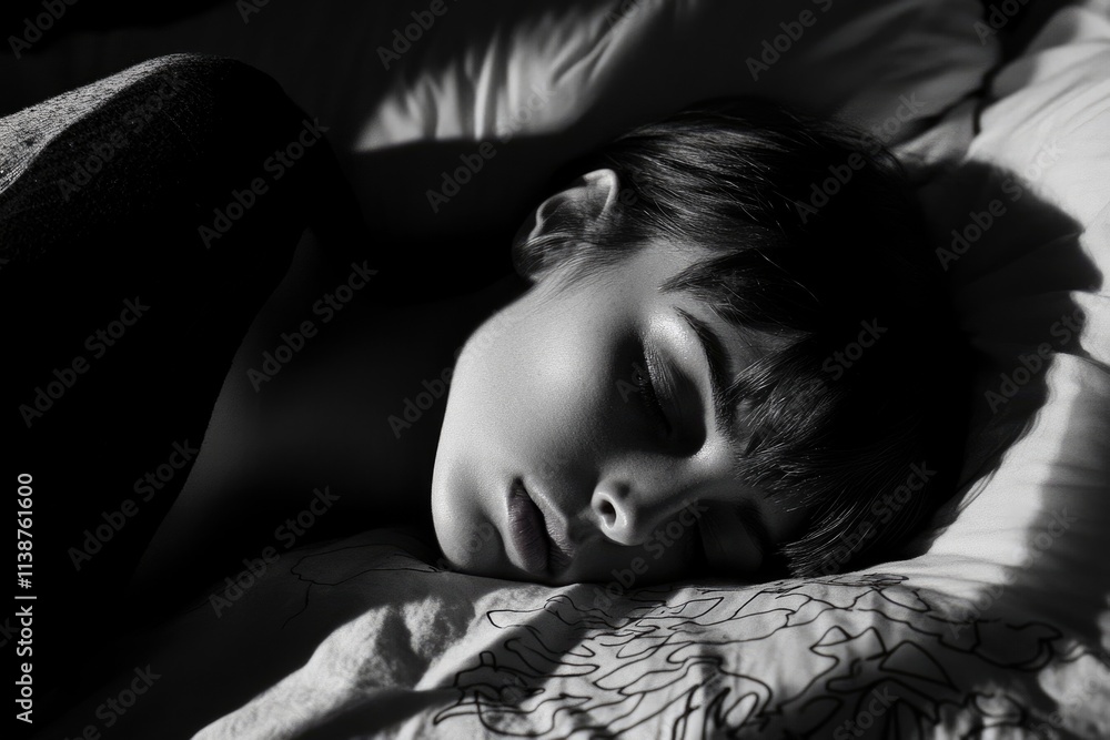 Awake: Young Woman Struggling with Insomnia in Bed, Surrounded by Shadows of Night Awake: Young Woman Struggling with Insomnia in Bed, Surrounded by Shadows of Night