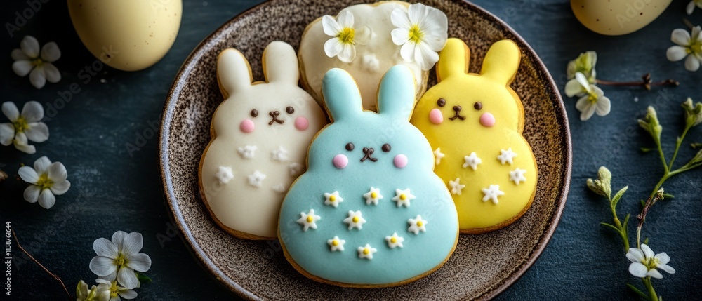 Delightful Easter bunny cookies adorned with floral designs sit on a plate, accompanied by vibrant spring flowers, celebrating the festive spirit of the season Delightful Easter bunny cookies adorned with floral designs sit on a plate, accompanied by vibrant spring flowers, celebrating the festive spirit of the season