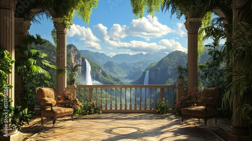 Digital fresco,View from the balcony of the mountain waterfalls