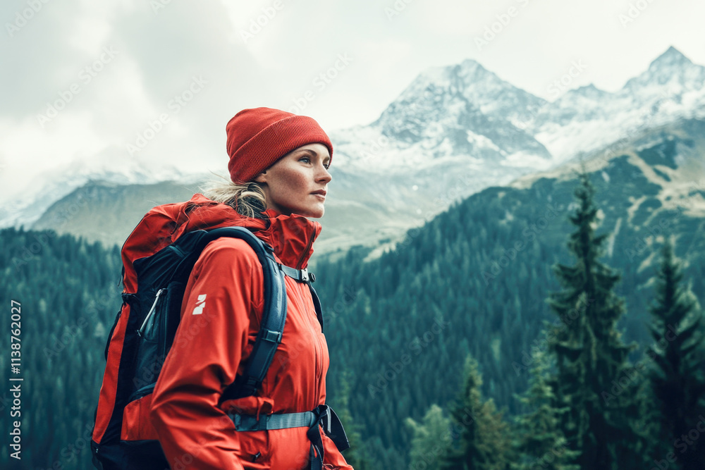 Caucasian adult female hiker in red gear exploring mountain landscape Caucasian adult female hiker in red gear exploring mountain landscape