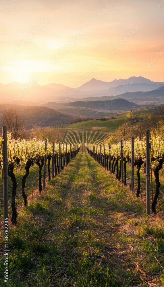 Fototapeta premium Scenic Vineyard with Budding Vines and Rolling Hills at Sunrise Ideal Rural Background for Spring Designs