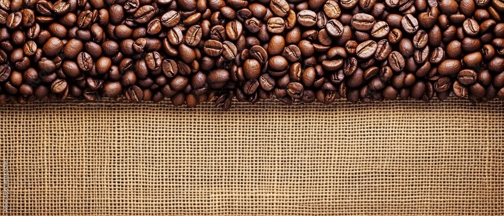 Fototapeta premium Freshly harvested coffee beans are spread across burlap fabric, capturing the essence of Brazilian coffee culture and the vibrant harvest atmosphere