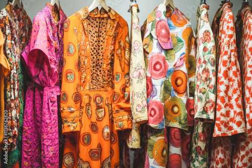 Colorful vintage clothing collection hanging on display with floral and geometric patterns photo