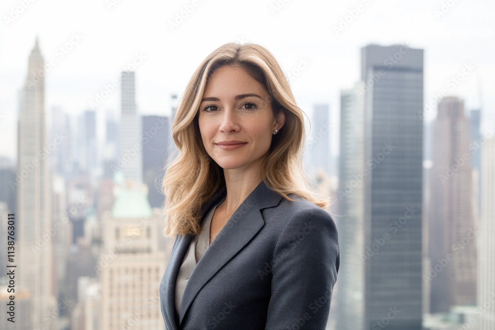 Confident young caucasian female professional with city skyline background Confident young caucasian female professional with city skyline background