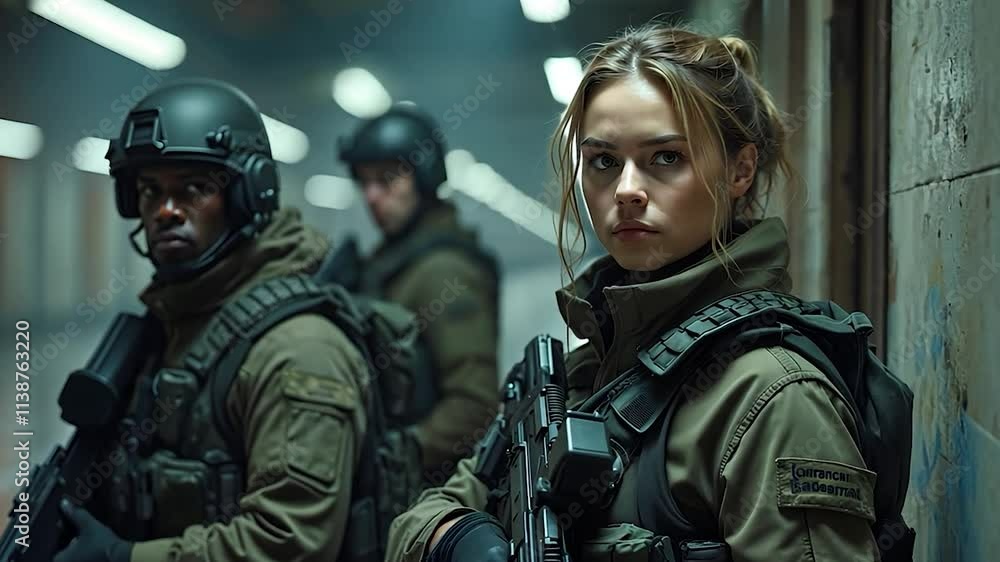 Female Soldier Leading a Military Team in Tactical Gear Female Soldier Leading a Military Team in Tactical Gear