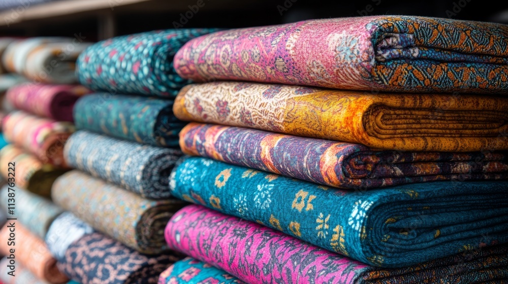 A colorful array of African fabric rolls is neatly stacked in a market, showcasing various intricate patterns and textures, inviting customers and designers alike A colorful array of African fabric rolls is neatly stacked in a market, showcasing various intricate patterns and textures, inviting customers and designers alike