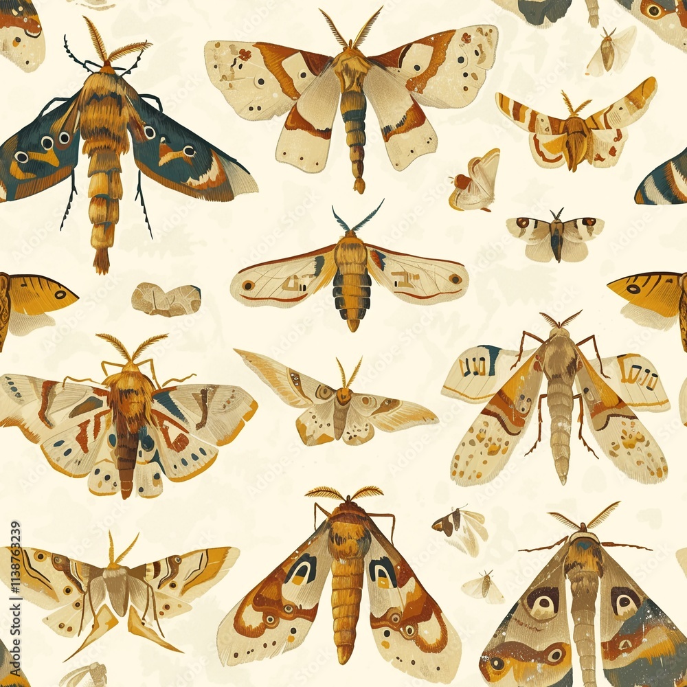 Fototapeta premium Seamless Fantasy Pattern of Moths and Butterflies: Light Beige and Amber in a Whimsical Steampunk Style with Organic Textures and Bloomsbury Aesthetics.