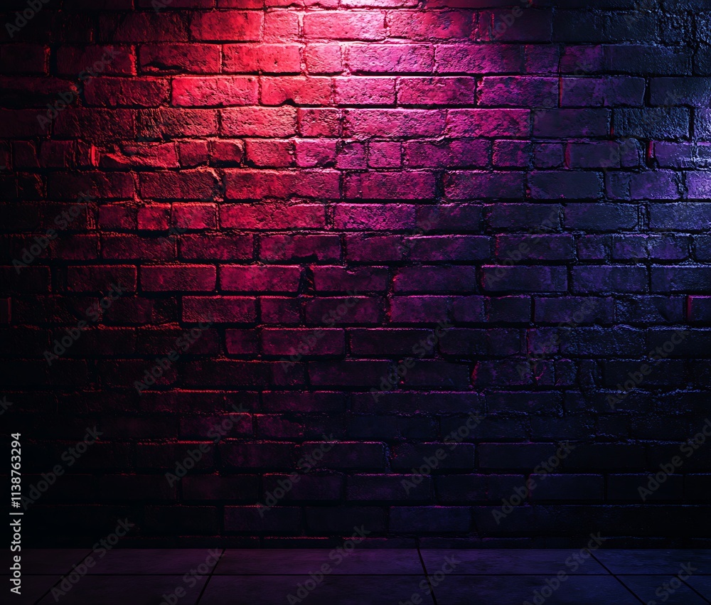 Abstract night scene with red and purple neon lights casting glowing textures on a dark brick wall, the lighting effect creating an atmospheric design in a black studio room Abstract night scene with red and purple neon lights casting glowing textures on a dark brick wall, the lighting effect creating an atmospheric design in a black studio room
