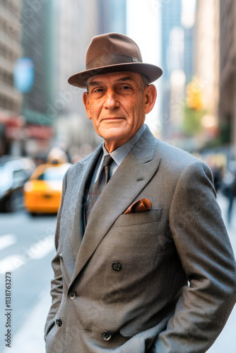 Elderly caucasian male in suit and hat on urban street