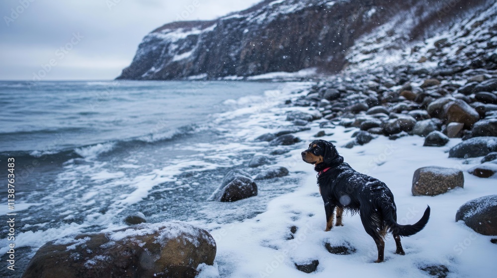 a dog outdoors in winter at the rocks. Nova Scotia duck tolling Retriever. Travelling with a pet. Healthy lifestyle a dog outdoors in winter at the rocks. Nova Scotia duck tolling Retriever. Travelling with a pet. Healthy lifestyle