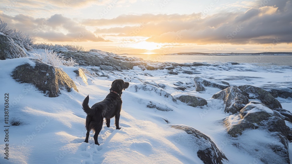 a dog outdoors in winter at the rocks. Nova Scotia duck tolling Retriever. Travelling with a pet. Healthy lifestyle a dog outdoors in winter at the rocks. Nova Scotia duck tolling Retriever. Travelling with a pet. Healthy lifestyle