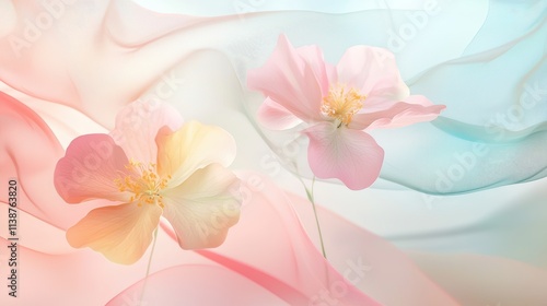 Airy Organic Spring Background with Flowing Pastel Floral Shapes in Mint, Pink, and Yellow