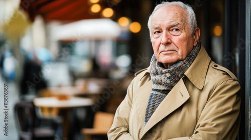 Elderly caucasian man in trench coat on rainy street