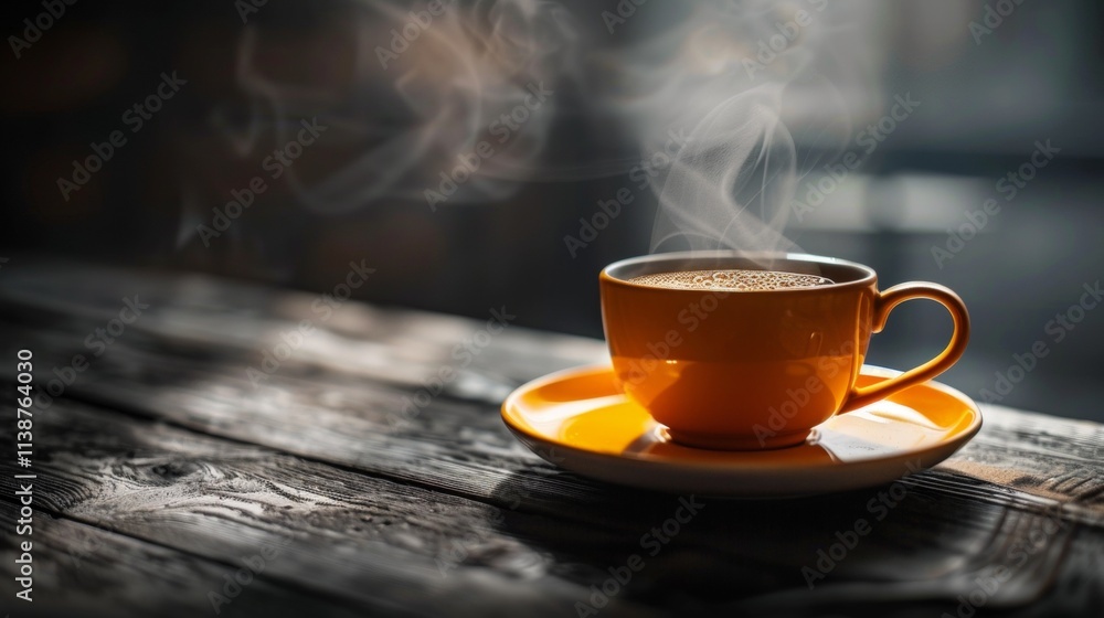 Fototapeta premium Steaming cup of coffee on rustic wooden table