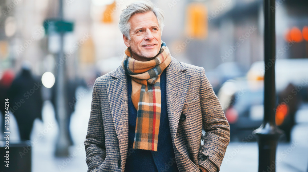 Caucasian mature male in stylish winter coat with scarf walking in urban setting Caucasian mature male in stylish winter coat with scarf walking in urban setting
