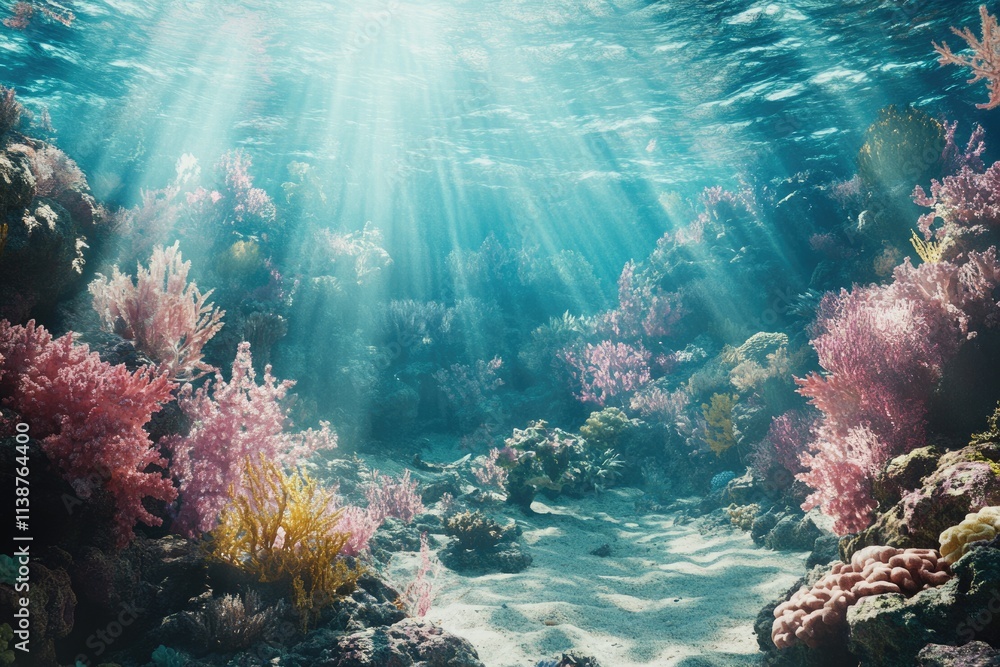 Naklejka premium Vibrant Underwater Ecosystem: A Rich Seascape of Colorful Corals and Diverse Aquatic Life in a Serene Ocean Environment