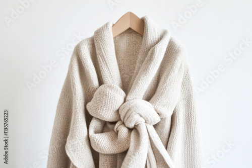 Cozy beige knit robe hanging on wooden hanger in minimalist setting photo