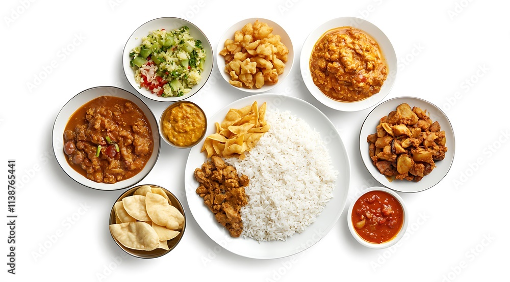 An assortment of Sri Lankan food, featuring a mix of rice, curry, and accompaniments like papadam, arranged on different plates in a top-down view on a white background with a clipping path An assortment of Sri Lankan food, featuring a mix of rice, curry, and accompaniments like papadam, arranged on different plates in a top-down view on a white background with a clipping path