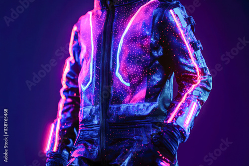 Futuristic neon light suit with blue and pink glowing patterns in dark setting photo