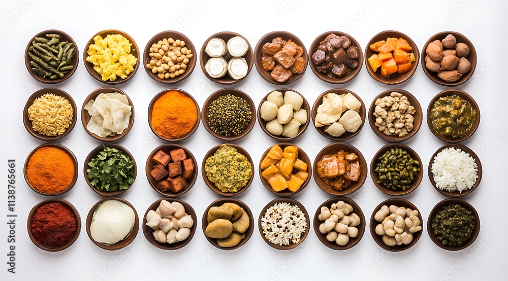 An assortment of traditional Indian foods displayed on a white surface, seen from a top view An assortment of traditional Indian foods displayed on a white surface, seen from a top view