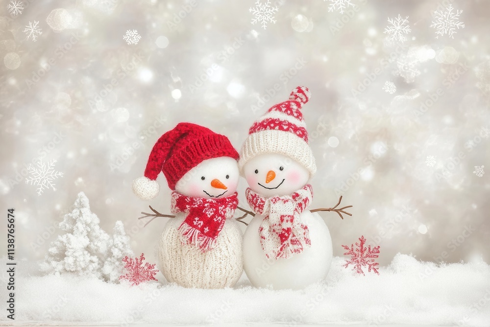 Two cute snowmen wearing red and white scarves and hats enjoying winter wonderland Two cute snowmen wearing red and white scarves and hats enjoying winter wonderland