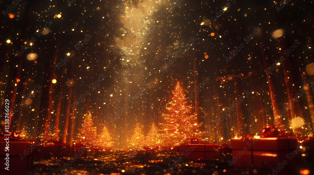Lluminated christmas trees with red and golden garlands into a forest with snowy flakes with shape of stars close to xmas gifts in red boxes , generative ai illustration. Aureate. Illustration Lluminated christmas trees with red and golden garlands into a forest with snowy flakes with shape of stars close to xmas gifts in red boxes , generative ai illustration. Aureate. Illustration