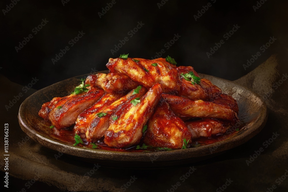 Savory Barbecue Chicken Wings Glazed with Delicious Sauce on a Platter Savory Barbecue Chicken Wings Glazed with Delicious Sauce on a Platter