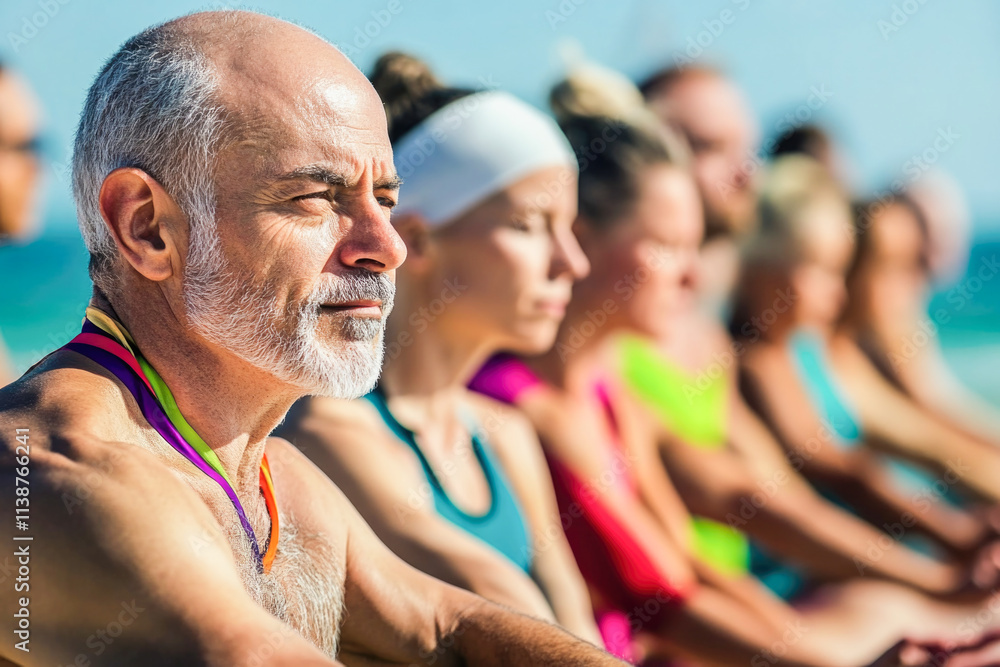 Obraz premium Diverse group of adults meditating outdoors in bright apparel