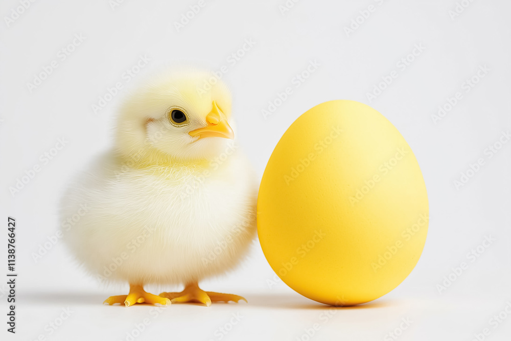 A charming yellow chick observes a vibrant yellow egg, creating a delightful and playful atmosphere of new beginnings A charming yellow chick observes a vibrant yellow egg, creating a delightful and playful atmosphere of new beginnings