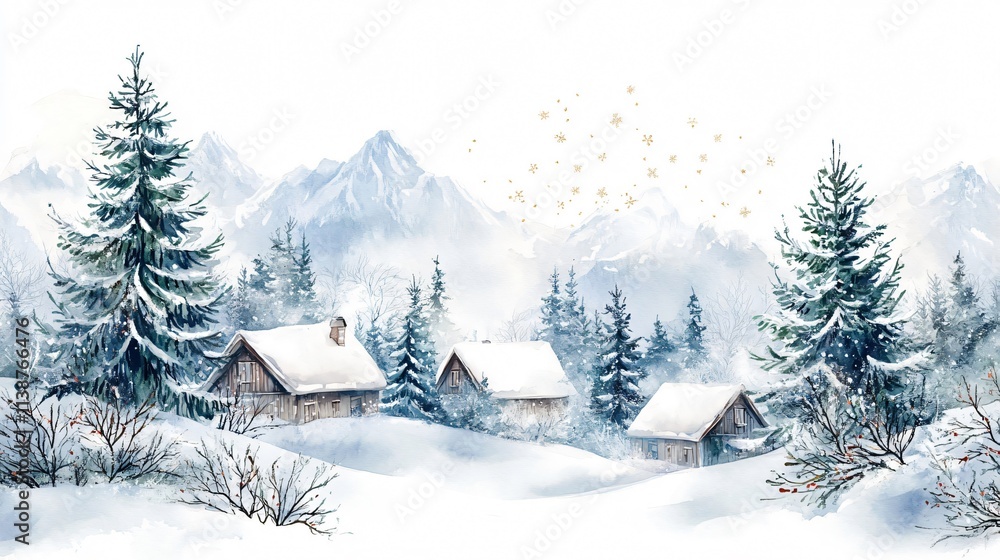 Fototapeta premium Enchanting Winter Wonderland: Cozy Cabins Nestled in Snowy Mountains
