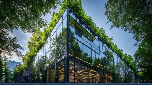 Sustainble green building Ecofriendly building in modern city Sustainable glass office building with tree for reducing carbon dioxide Office with green environment Corporate building r : Generative AI photo