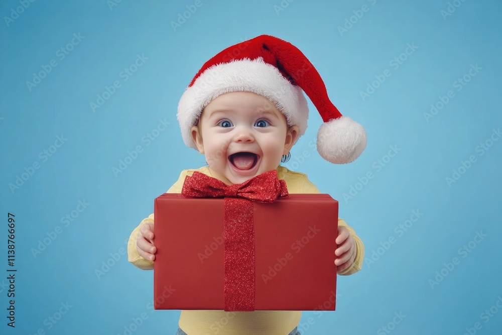 Isolated white brazilian baby girl in red festive hat with surprise box in hands, on blue background. Copyspace. Professional gift ideas. Professional holiday photo. Christmas design elements. Isolated white brazilian baby girl in red festive hat with surprise box in hands, on blue background. Copyspace. Professional gift ideas. Professional holiday photo. Christmas design elements.