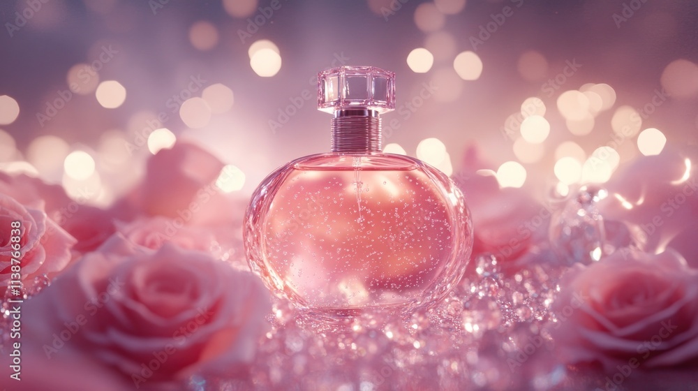 Pink perfume bottle amidst roses and gems, softly lit. Pink perfume bottle amidst roses and gems, softly lit.