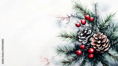 Wallpaper Mural Watercolor Christmas Decoration: Pine Cones and Red Berries on a Branch Torontodigital.ca