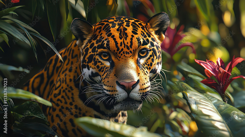 A jaguar prowling through a thick Amazon rainforest, with its golden coat blending into the dappled sunlight. A jaguar prowling through a thick Amazon rainforest, with its golden coat blending into the dappled sunlight.