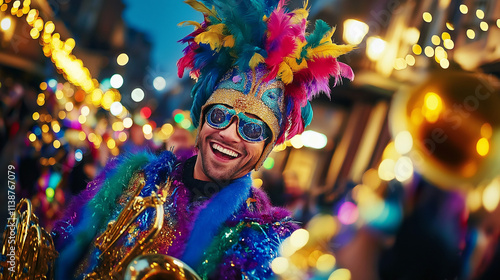 A lively Mardi Gras parade winding through historic streets, adorned with majestic floats, ornate masks, and a cacophony of brass instruments